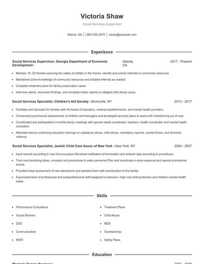 Social Services Supervisor Resume