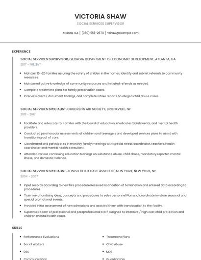 Social Services Supervisor Resume