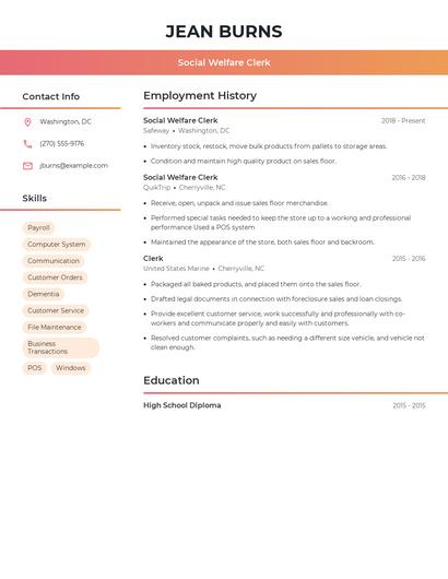 Social Welfare Clerk Resume