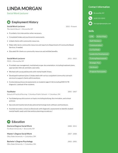 Social Work Lecturer Resume