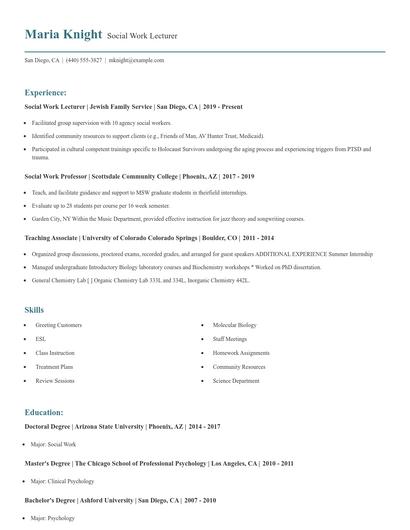 Social Work Lecturer Resume