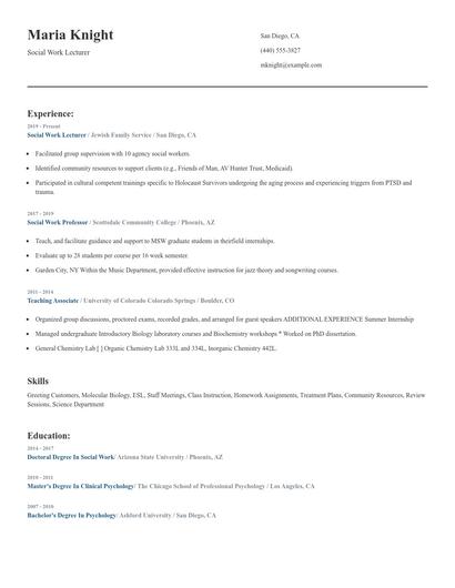 Social Work Lecturer Resume