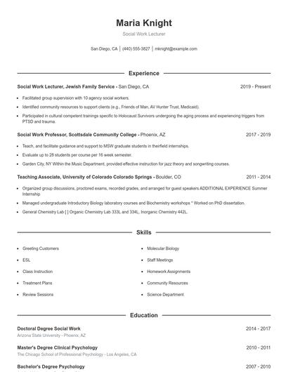 Social Work Lecturer Resume