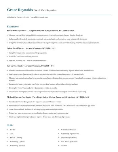 Social Work Supervisor Resume