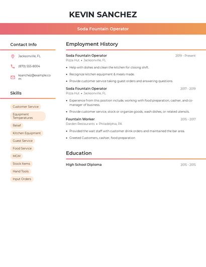 Soda Fountain Operator Resume