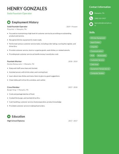 Soda Fountain Operator Resume