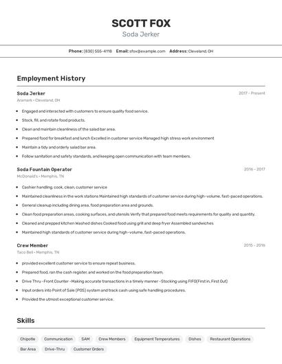 Soda Jerker Resume