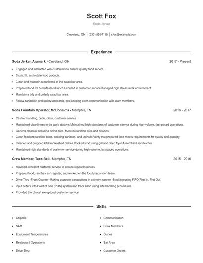 Soda Jerker Resume