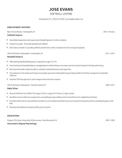 Softball Umpire Resume