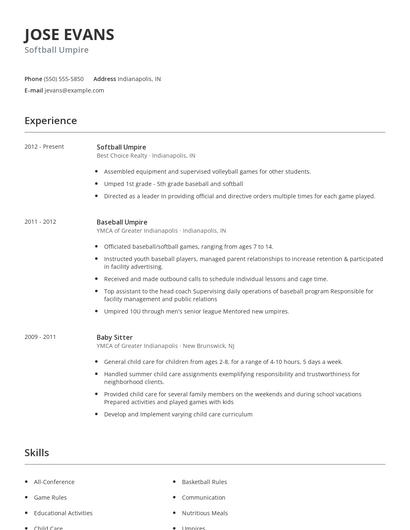 Softball Umpire Resume