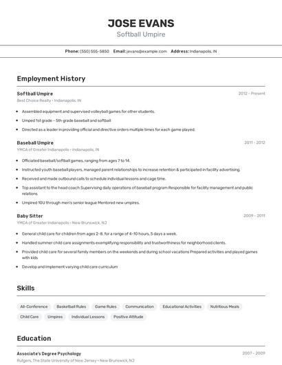 Softball Umpire Resume