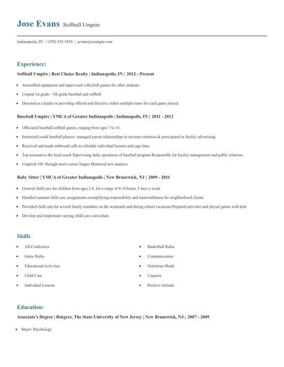 Softball Umpire Resume
