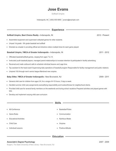 Softball Umpire Resume