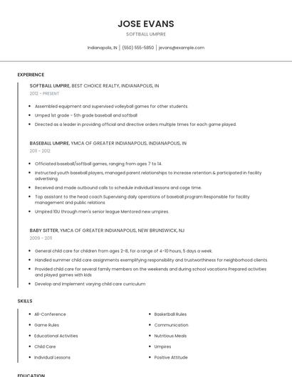 Softball Umpire Resume