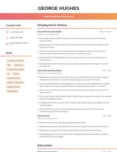 Solar Business Developer Resume