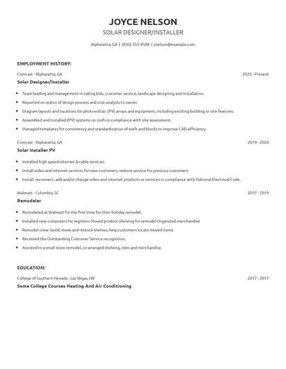 Solar Designer/Installer Resume