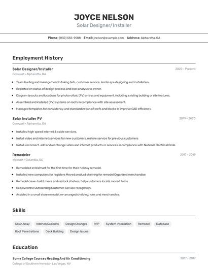 Solar Designer/Installer Resume
