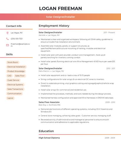Solar Designer/Installer Resume