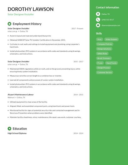 Solar Designer/Installer Resume
