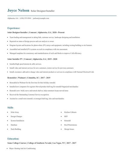 Solar Designer/Installer Resume