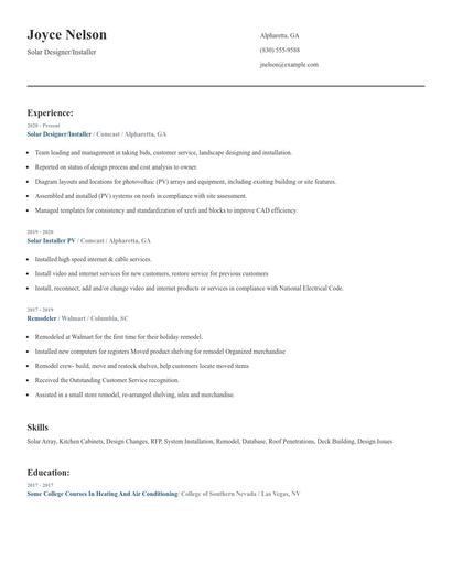 Solar Designer/Installer Resume