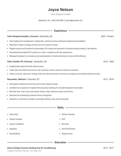 Solar Designer/Installer Resume
