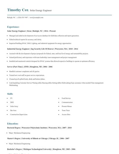 Solar Energy Engineer Resume