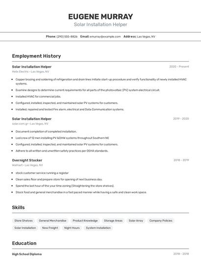Solar Installation Helper Resume