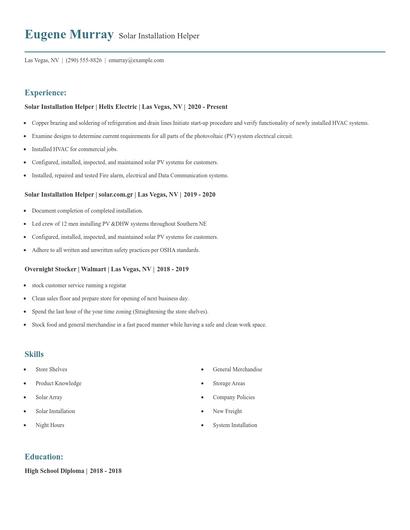 Solar Installation Helper Resume