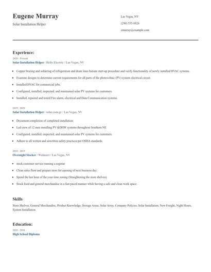 Solar Installation Helper Resume