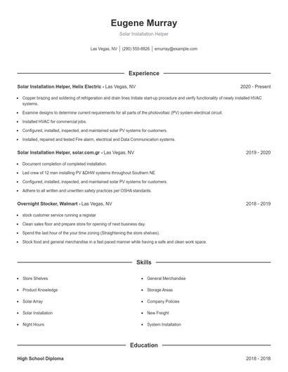 Solar Installation Helper Resume