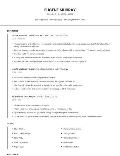 Solar Installation Helper Resume