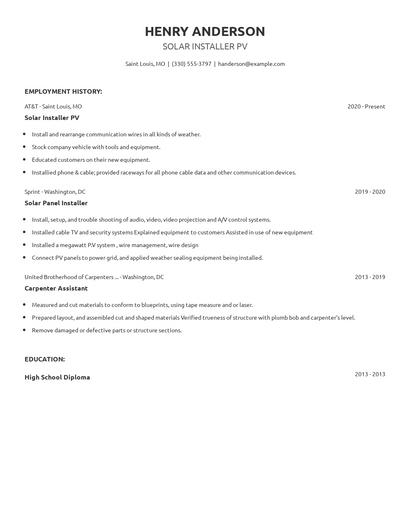Solar Installer PV Resume