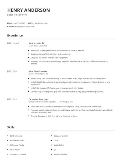 Solar Installer PV Resume