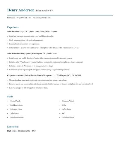 Solar Installer PV Resume
