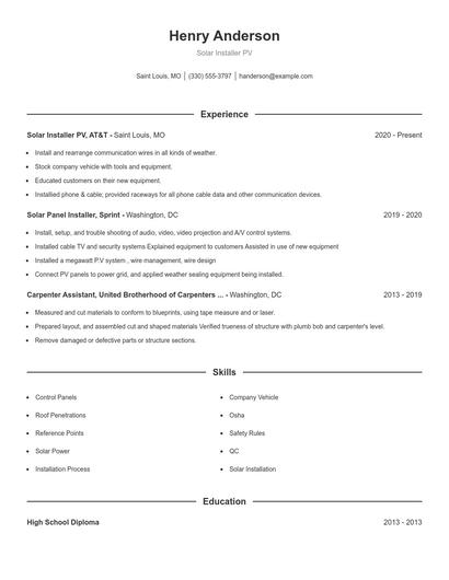 Solar Installer PV Resume