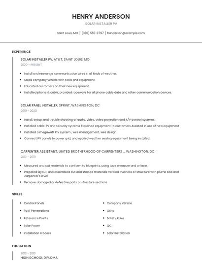 Solar Installer PV Resume