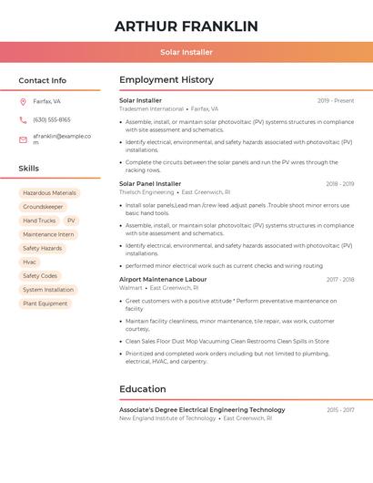Solar Installer Resume