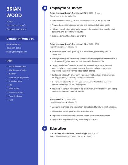 Solar Manufacturer's Representative Resume