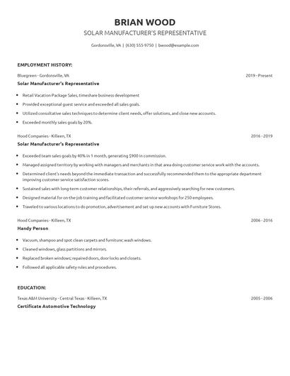 Solar Manufacturer's Representative Resume