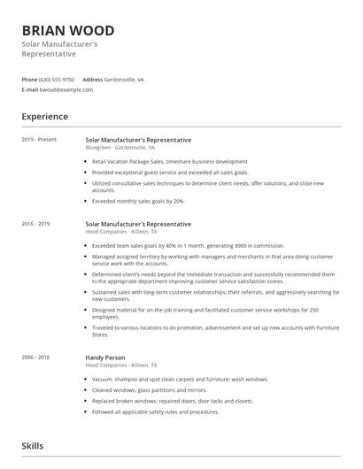Solar Manufacturer's Representative Resume