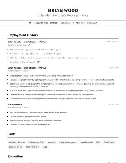 Solar Manufacturer's Representative Resume