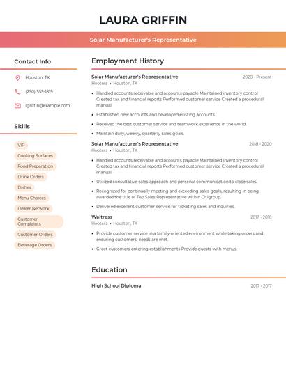 Solar Manufacturer's Representative Resume
