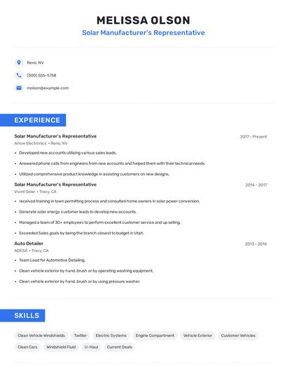 Solar Manufacturer's Representative Resume