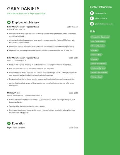 Solar Manufacturer's Representative Resume