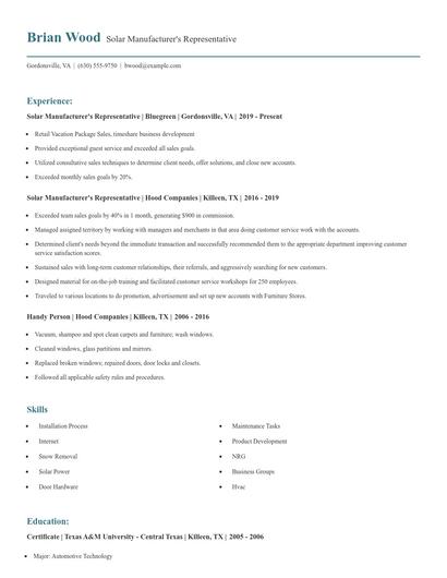 Solar Manufacturer's Representative Resume