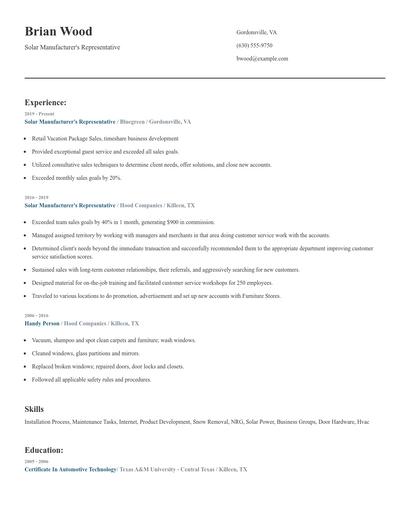Solar Manufacturer's Representative Resume