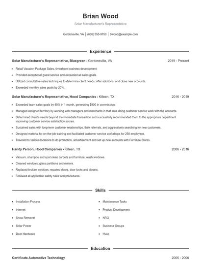 Solar Manufacturer's Representative Resume