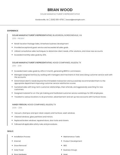 Solar Manufacturer's Representative Resume