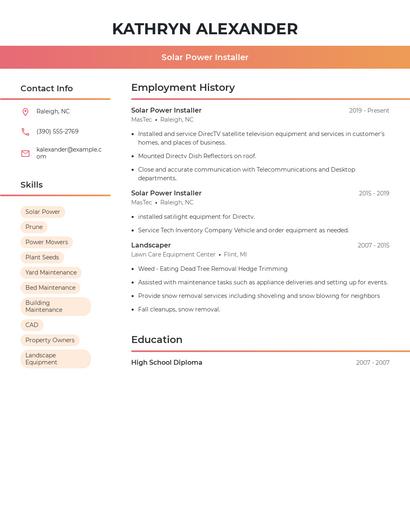 Solar Power Installer Resume